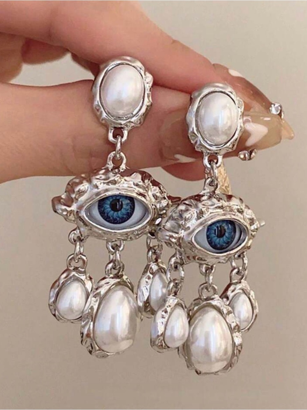 Silver Pearl Drop Earrings with Blue Eye Accent